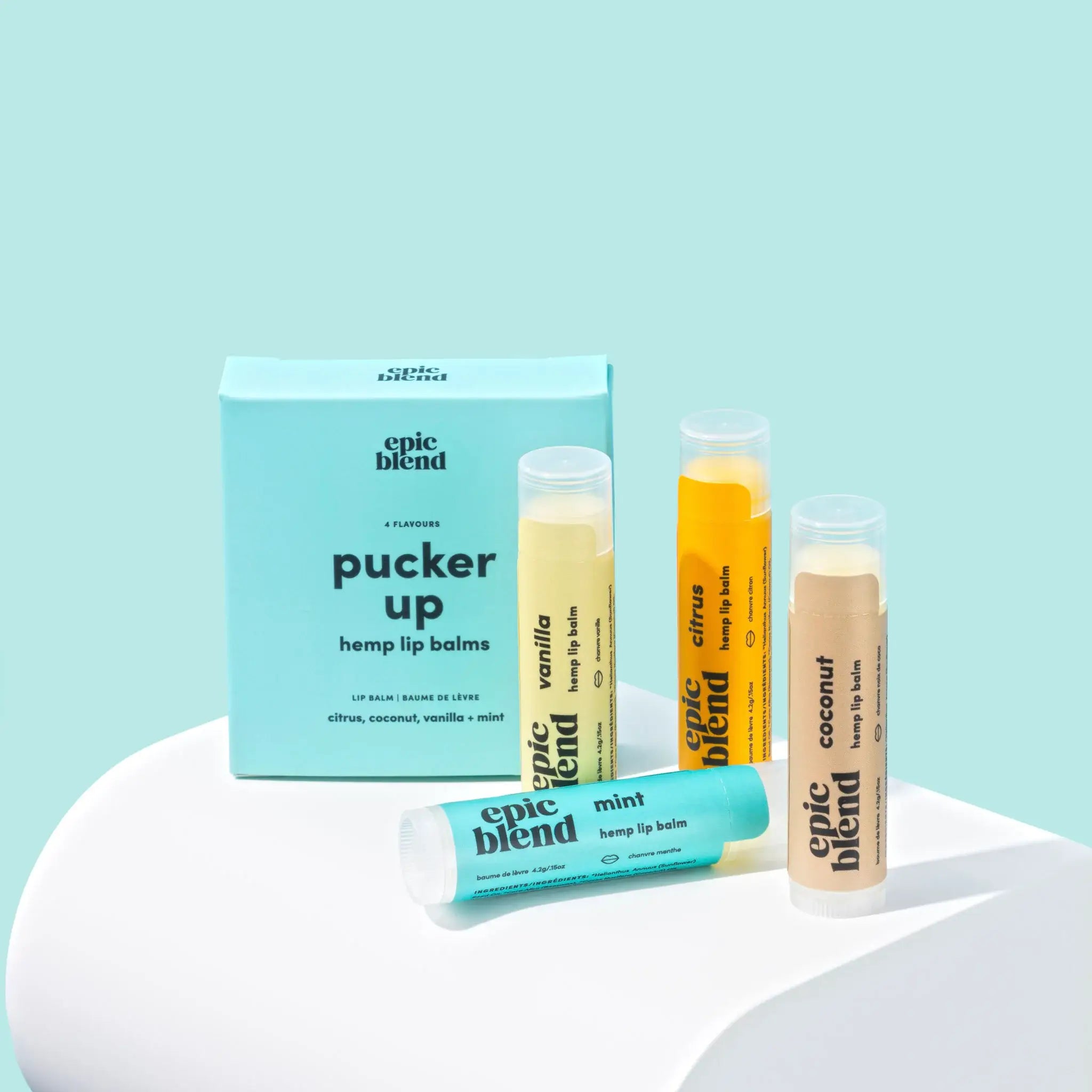 Epic Blend hemp lip balm set on a light blue background