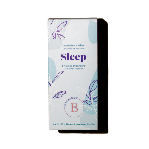 Box of Bathologist Sleep shower steamers with lavender and mint scents on a white background