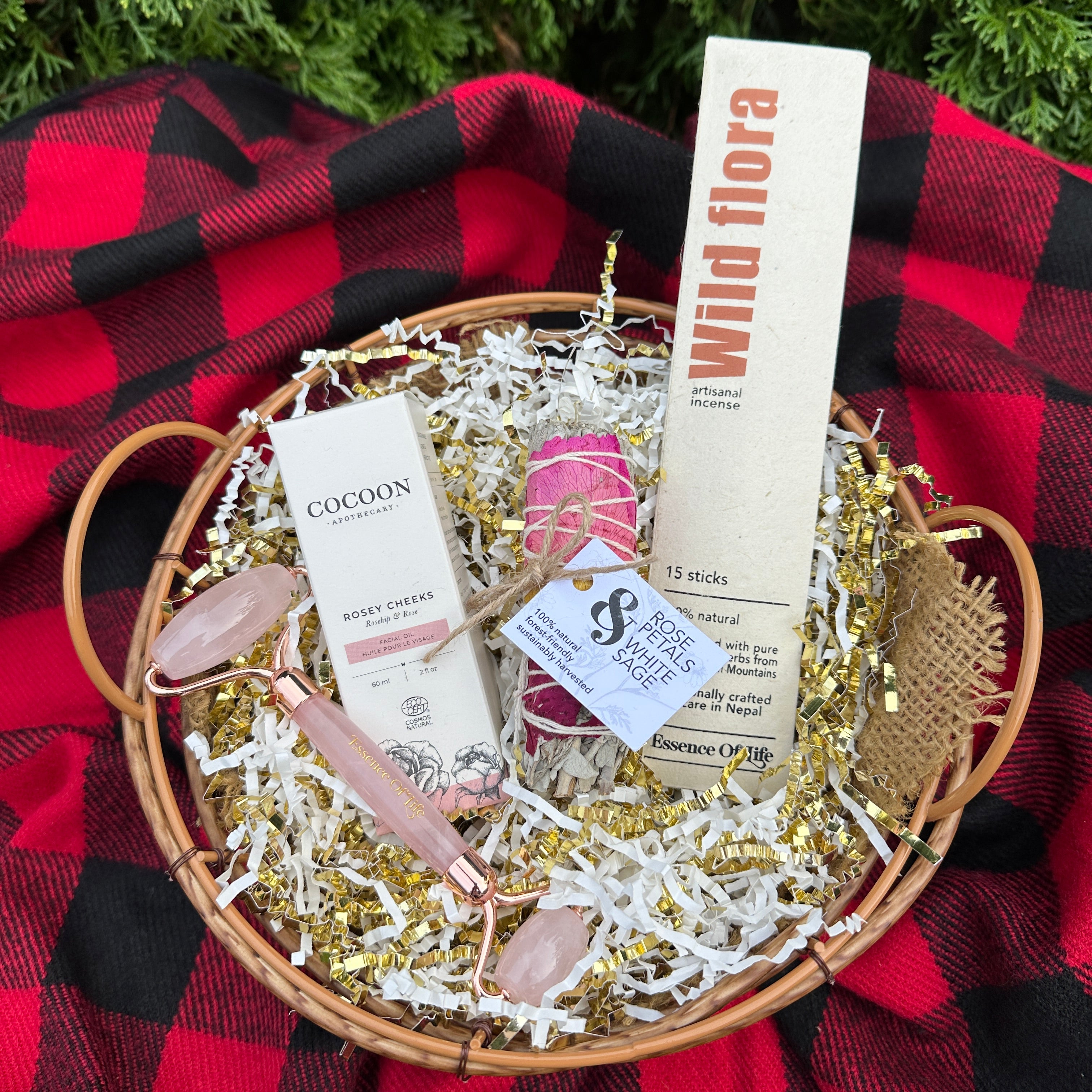 Rose quartz roller and oil facial set in gift basket