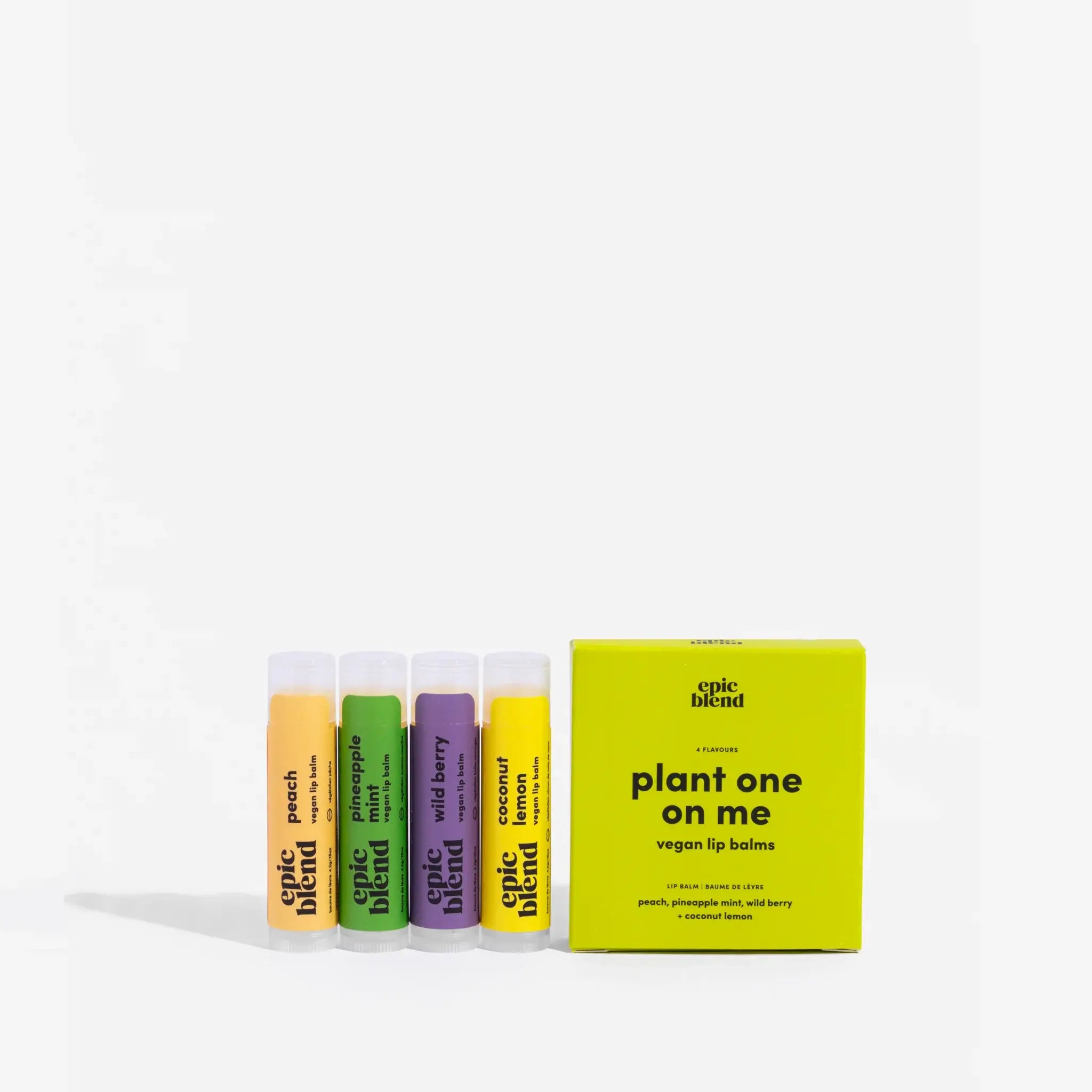 Set of Epic Blend lip balms with packaging on a white background