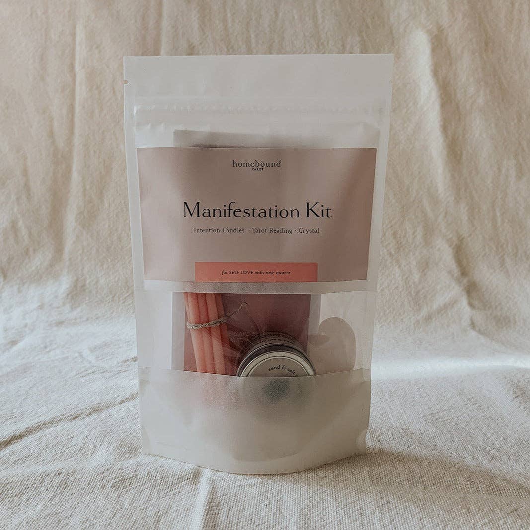 Homebound Tarot Manifestation Kit packaging on a textured beige fabric background