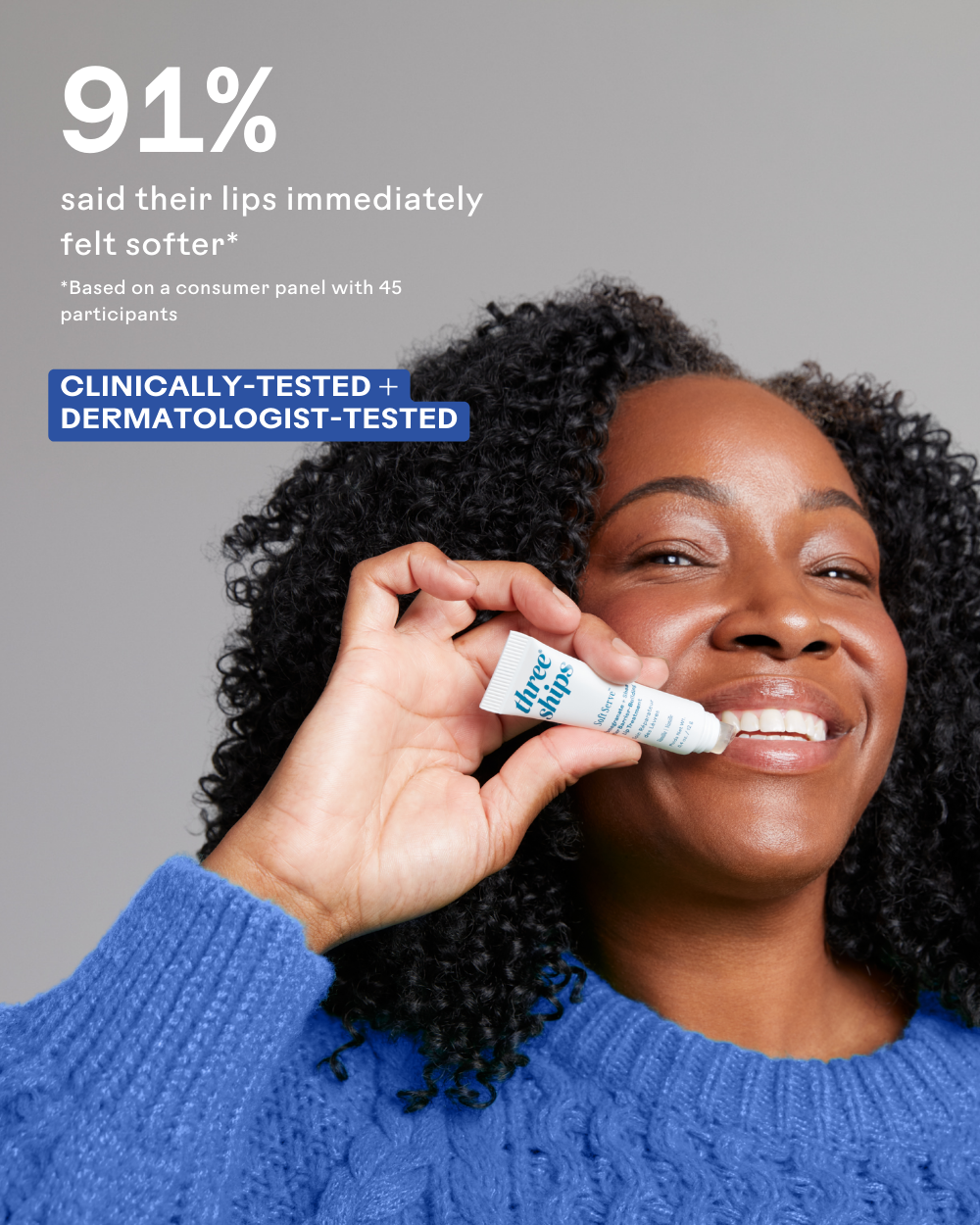 Woman applying Three Ships Soft Serve lip balm with text about product effectiveness and testing.