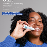 Woman applying Three Ships Soft Serve lip balm with text about product effectiveness and testing.