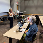 Maria Velve talking to women 40+ about skincare at a conference. 