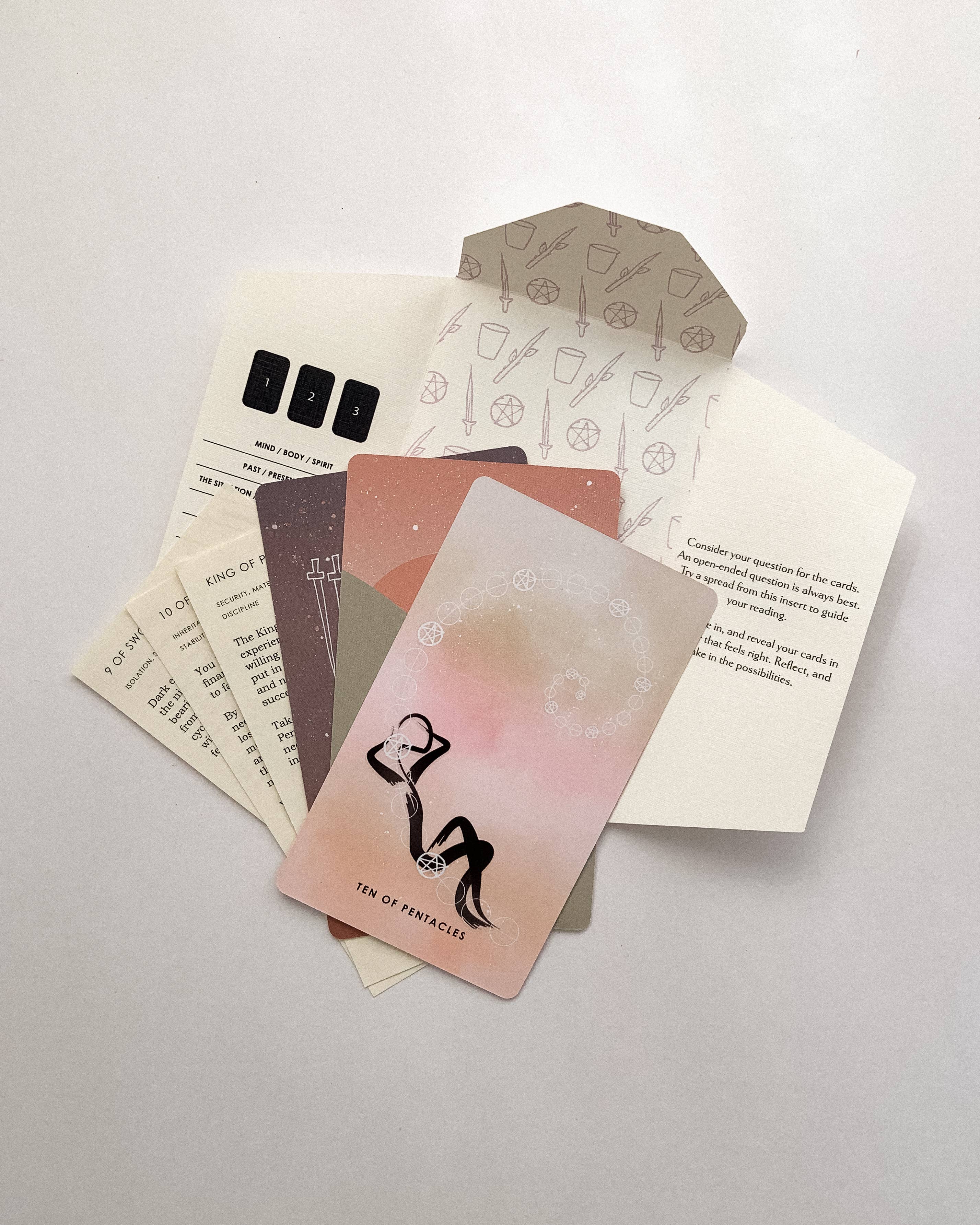 Set of Homebound tarot cards with a deck and an envelope on a light gray background