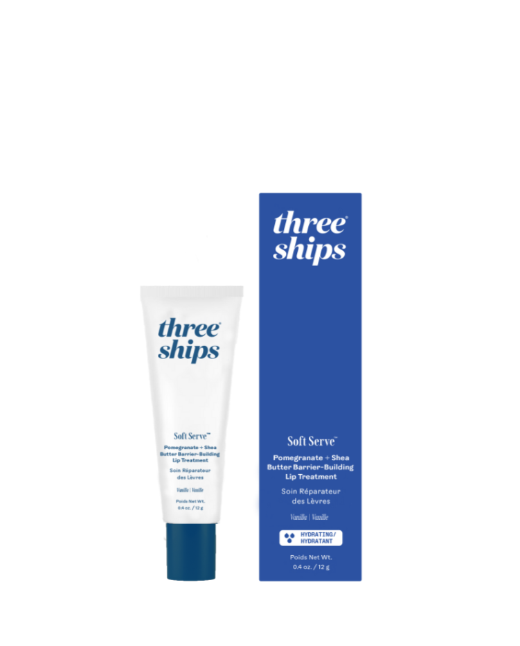 Three Ships Soft Serve lip treatment tube and packaging on a white background