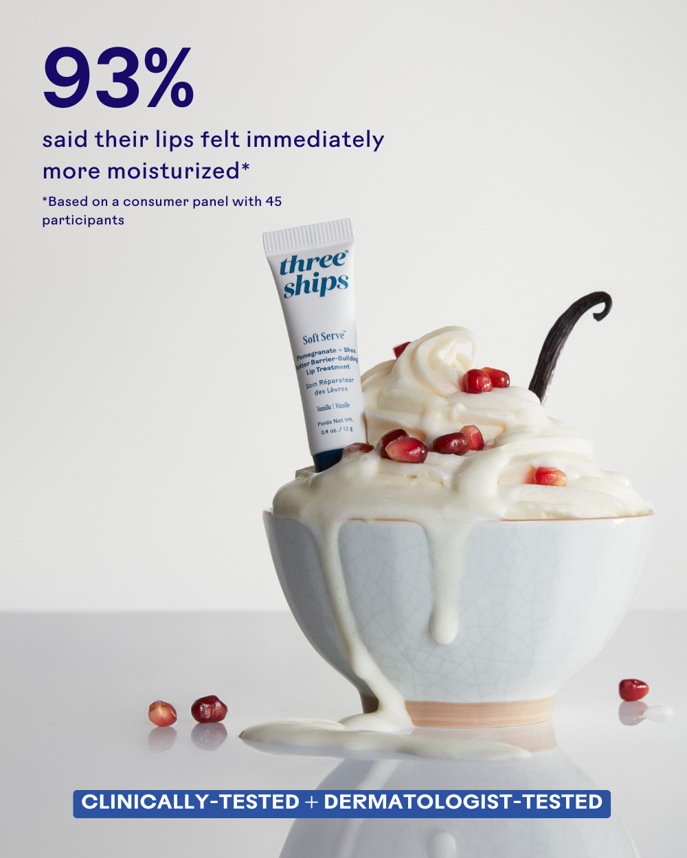 Three Ships Soft Serve lip balm tube with a dessert on a white background, featuring consumer panel results.