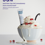 Three Ships Soft Serve lip balm tube with a dessert on a white background, featuring consumer panel results.