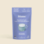 Blume Superfood Latte package with blue label on beige background