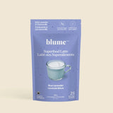 Blume Superfood Latte package with blue label on beige background