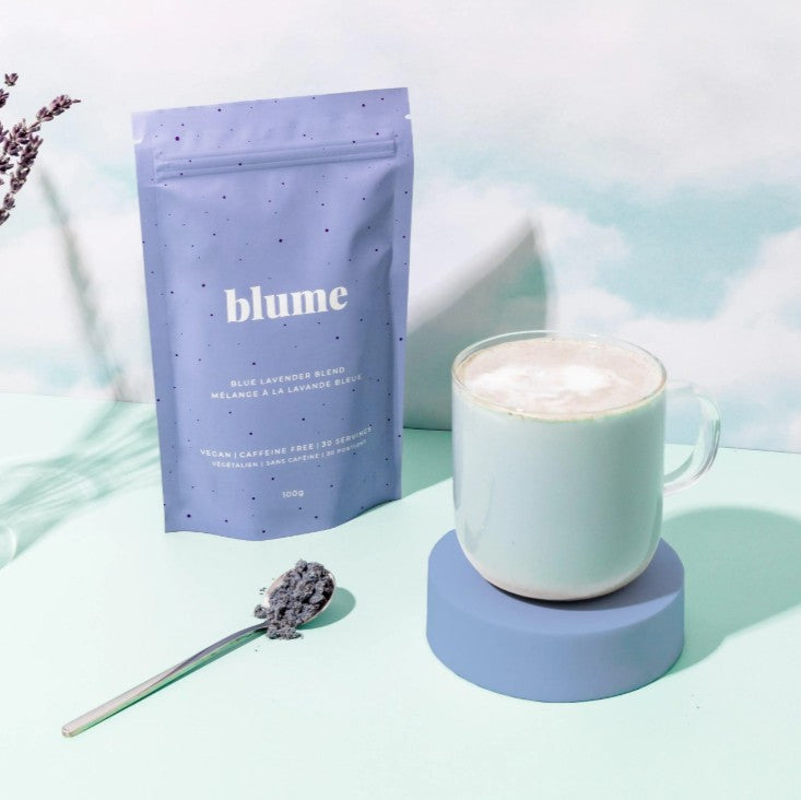 Blume tea package with a cup of tea on a light background