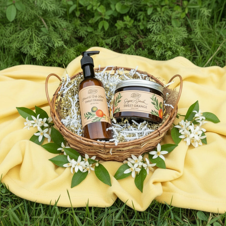 Body scrub and lotion in a basket
