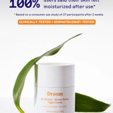 Three Ships Dream Cream jar with green leaves on a white background, featuring text about skin moisturization and testing.