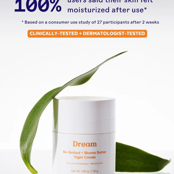 Three Ships Dream Cream jar with green leaves on a white background, featuring text about skin moisturization and testing.