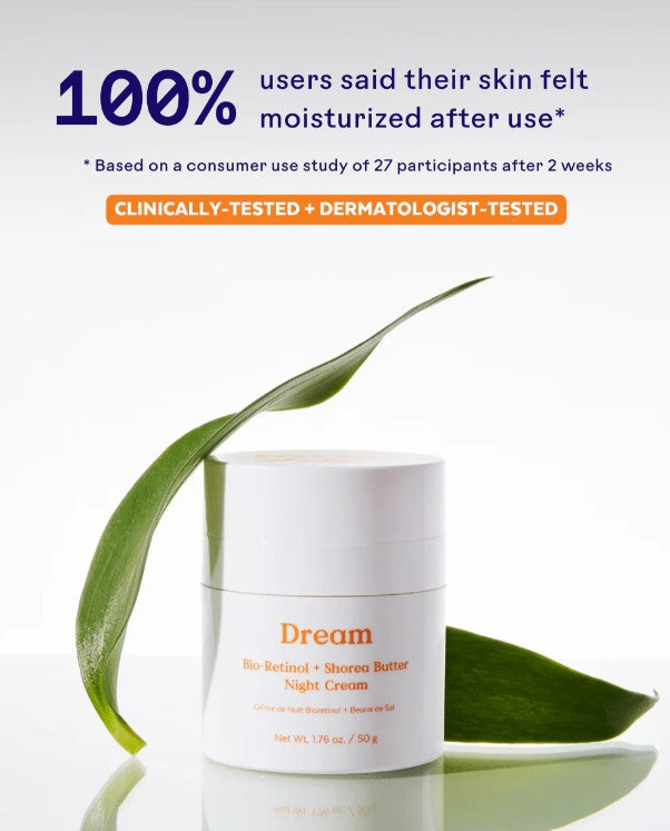 Three Ships Dream Cream jar with green leaves on a white background, featuring text about skin moisturization and testing.