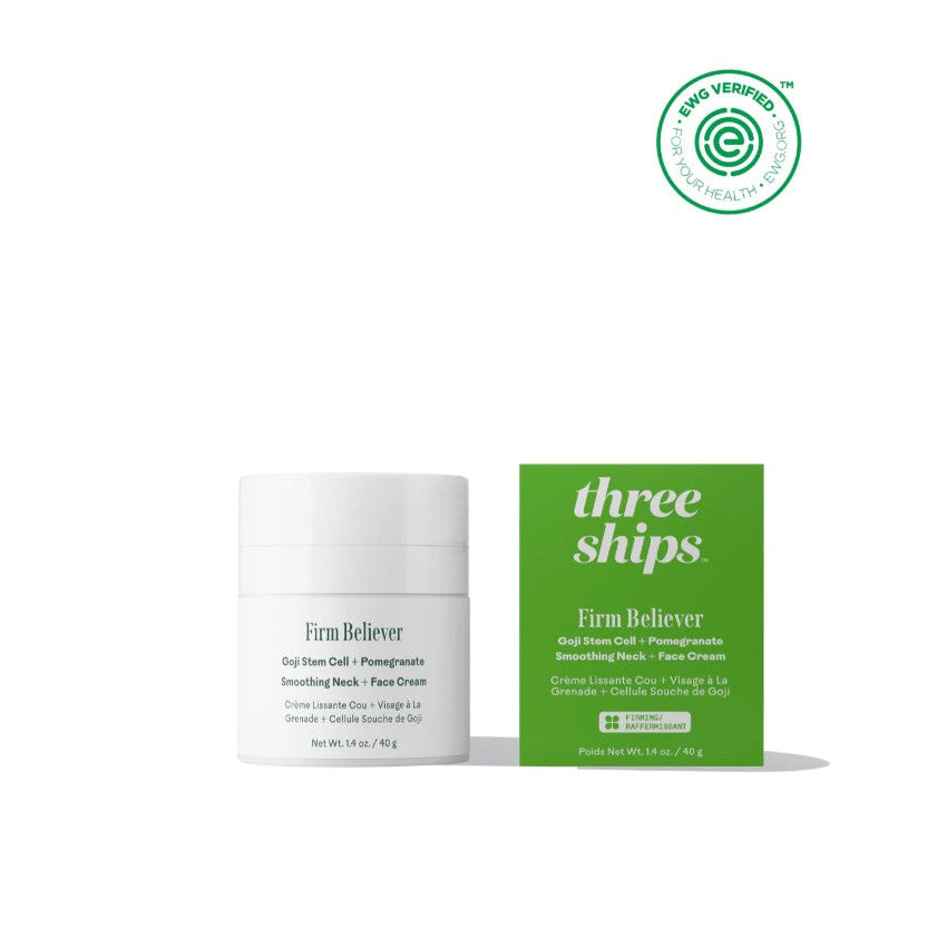 Three Ships Skincare product and packaging with branding on a white background