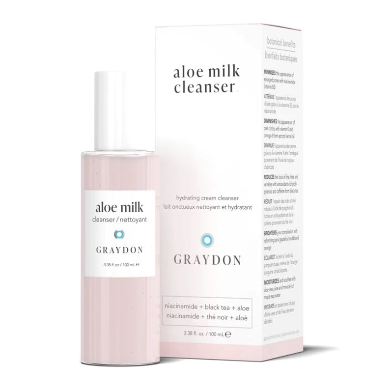 Graydon aloe milk cleanser bottle and packaging on a white background
