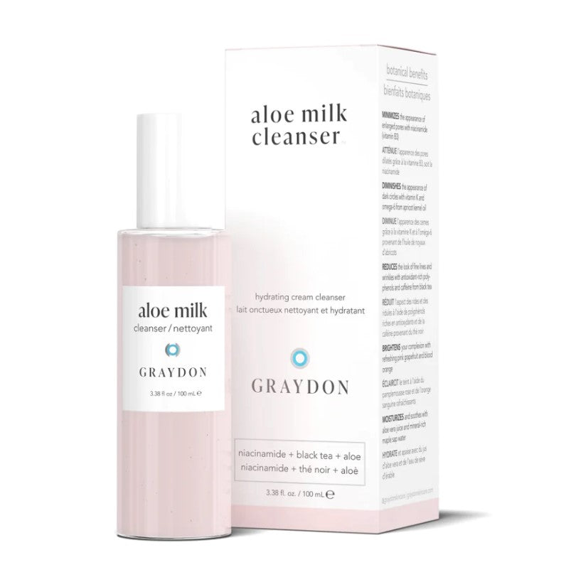 Graydon aloe milk cleanser bottle and packaging on a white background