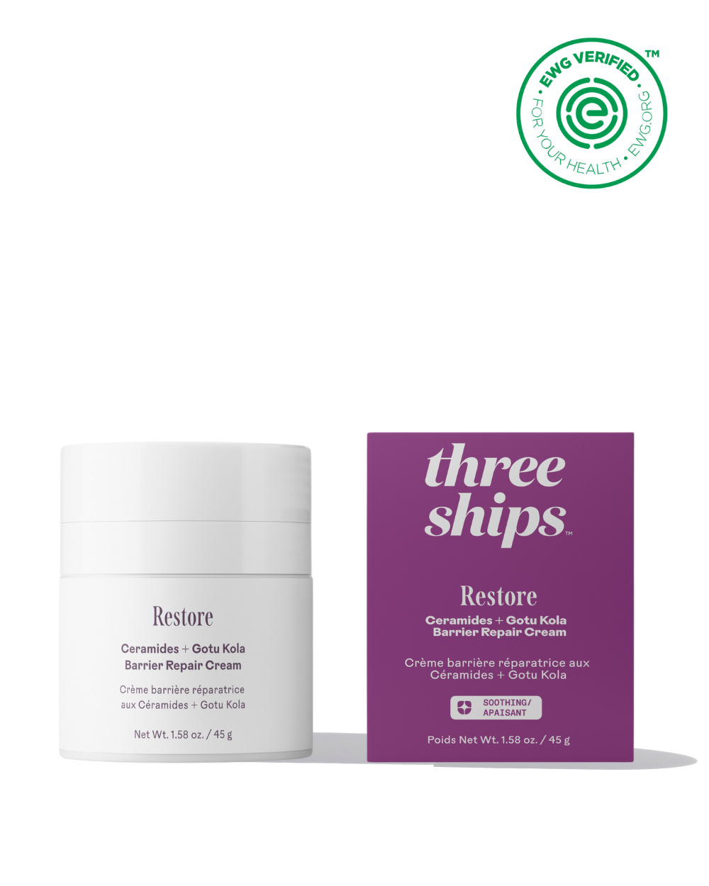Three Ships Restore cream jar and packaging on a white background