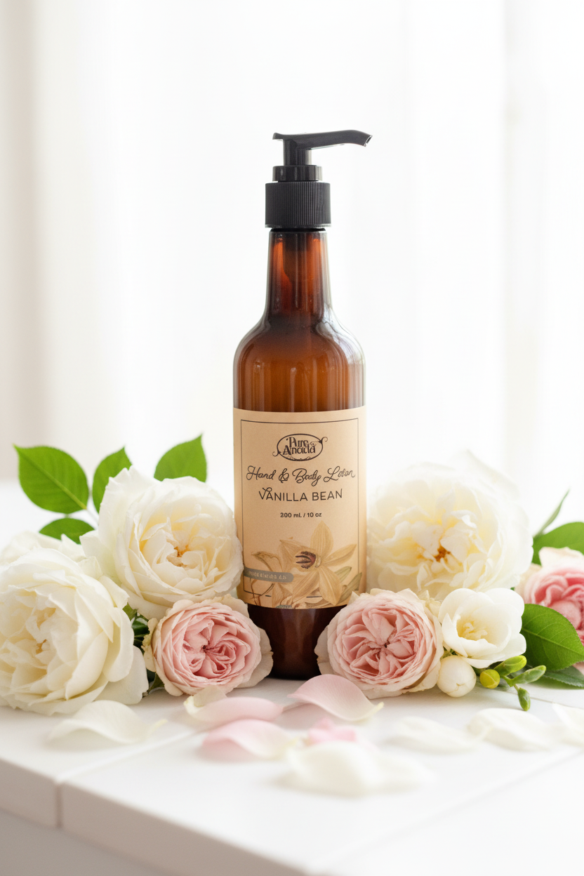 Vanilla body lotion surrounded by flowers.
