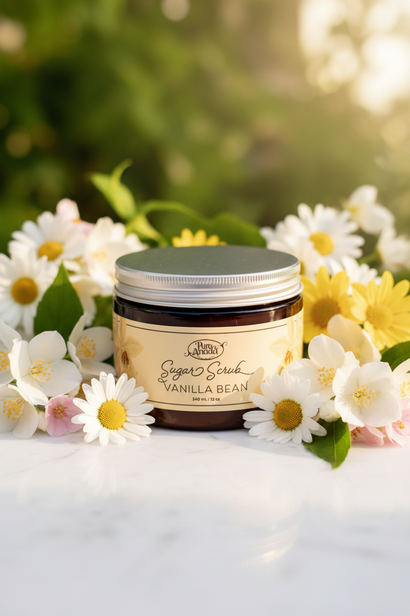 Jar of Vanilla Bean sugar scrub on a surface with decorative flowers.