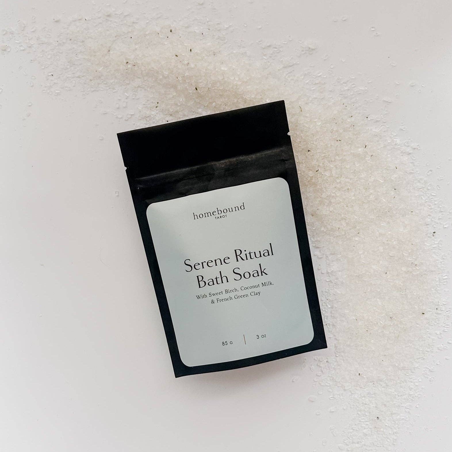 Serene Ritual Bath Soak packaging on a textured surface