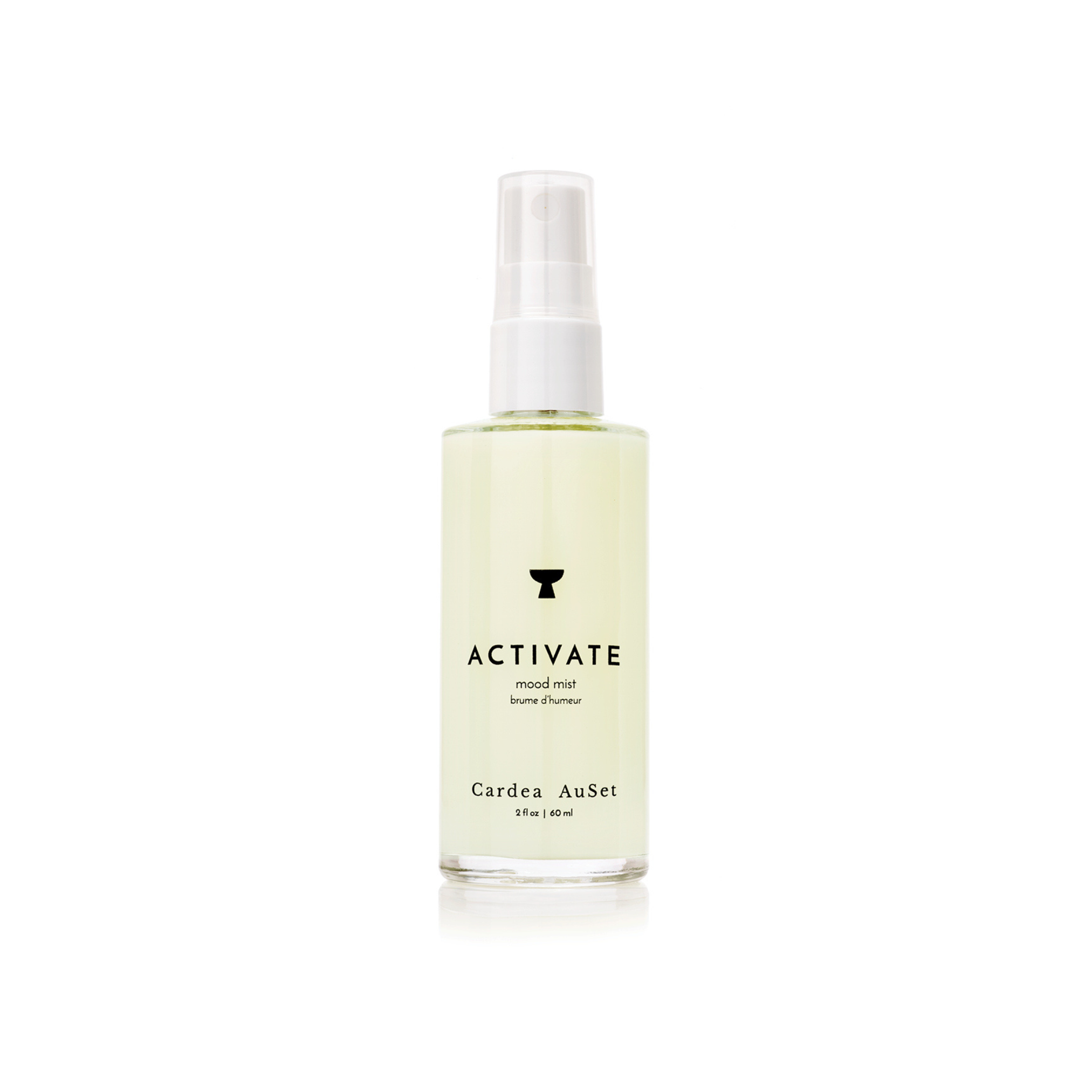 Bottle of 'Activate' mood mist by Cardea AuSet on a white background