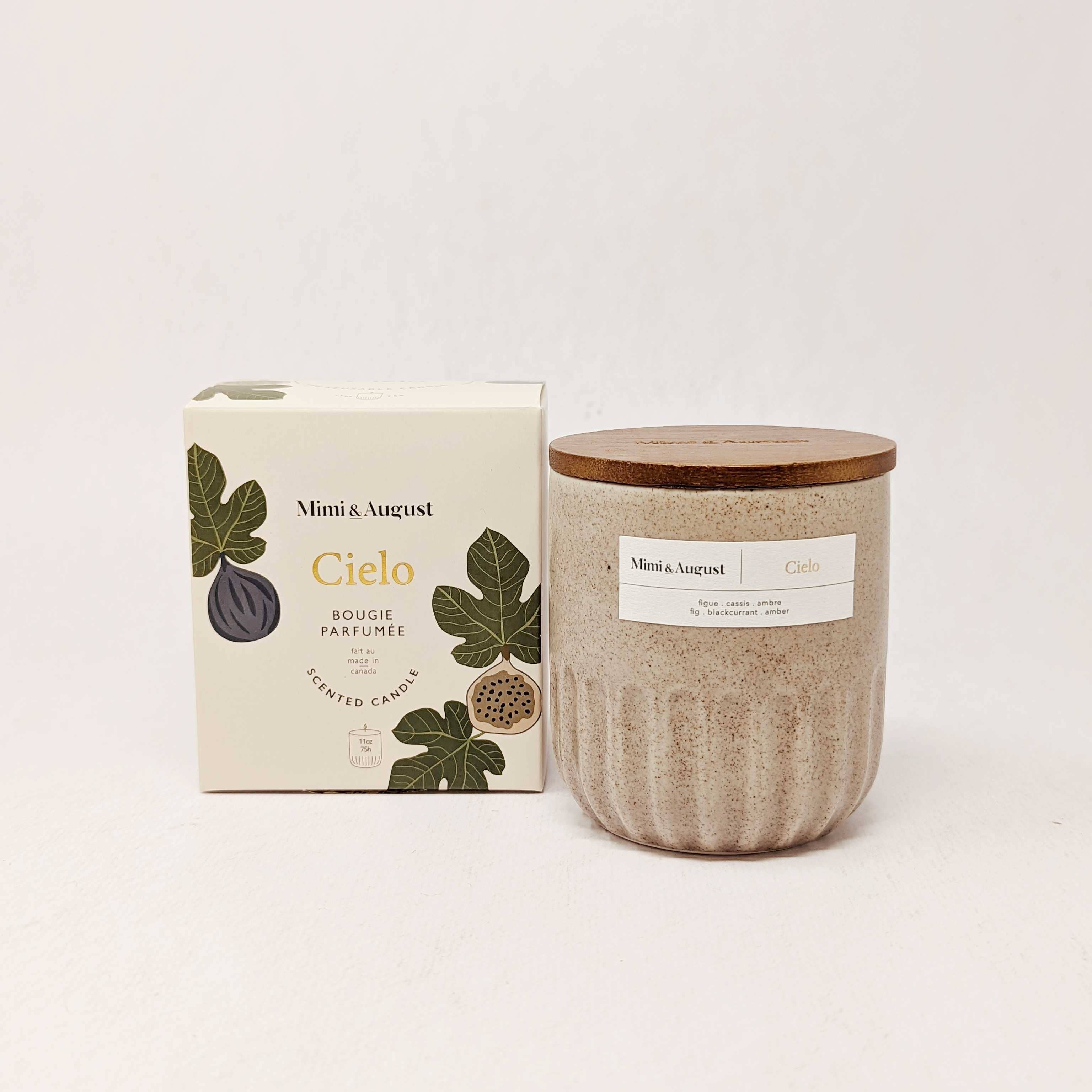 Mimi and August Ceramic candle with wooden lid and packaging on a white background