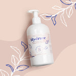 The Bathologist Hydrate body lotion bottle on a pink background with leaf designs