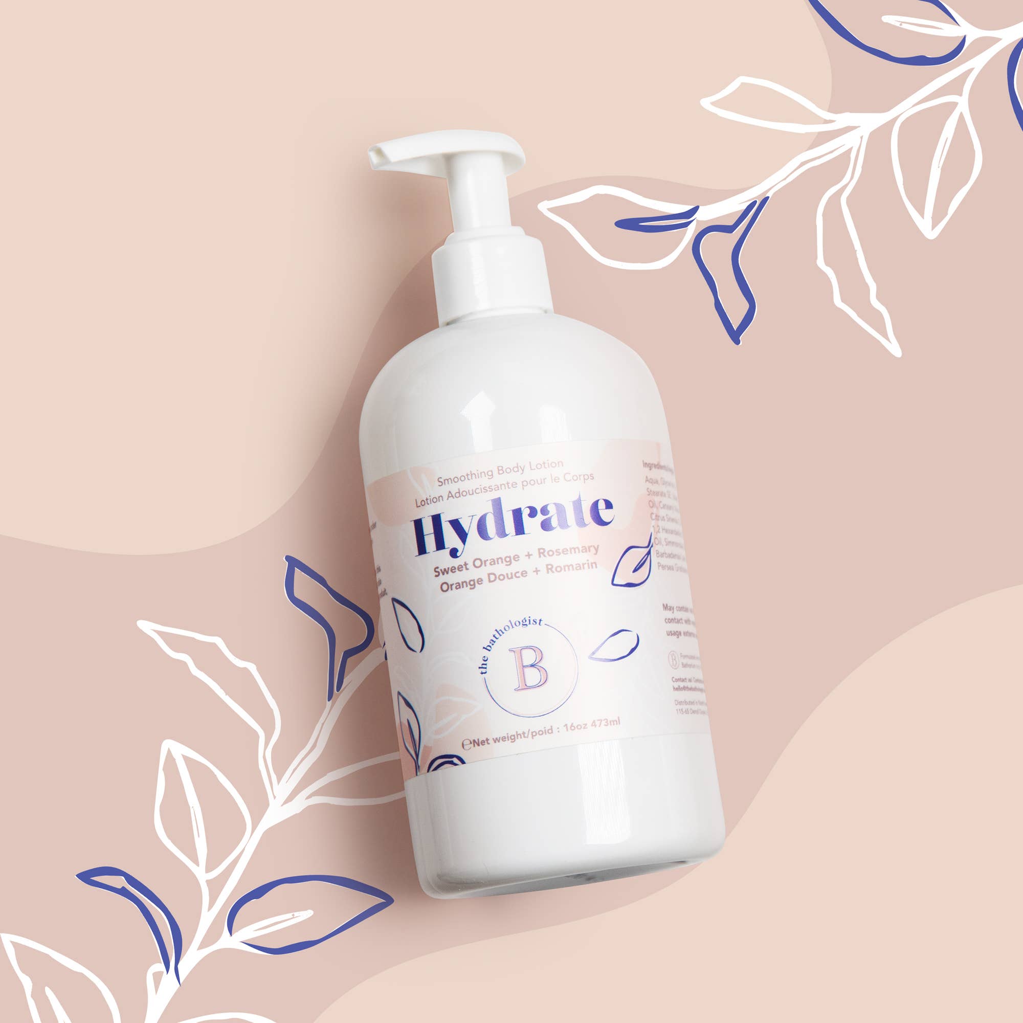 The Bathologist Hydrate body lotion bottle on a pink background with leaf designs